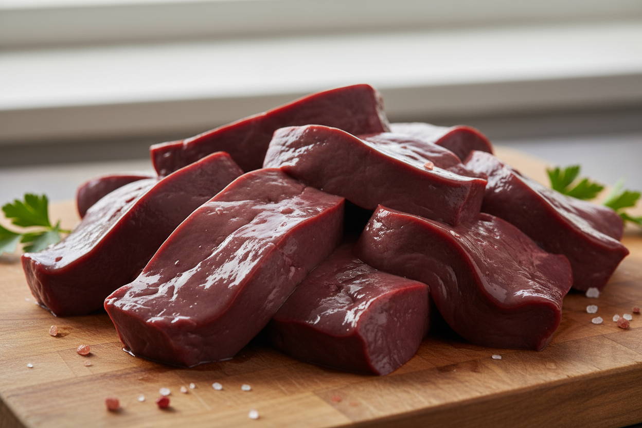 1400 px by 1400 px appetizing photo of beef liver