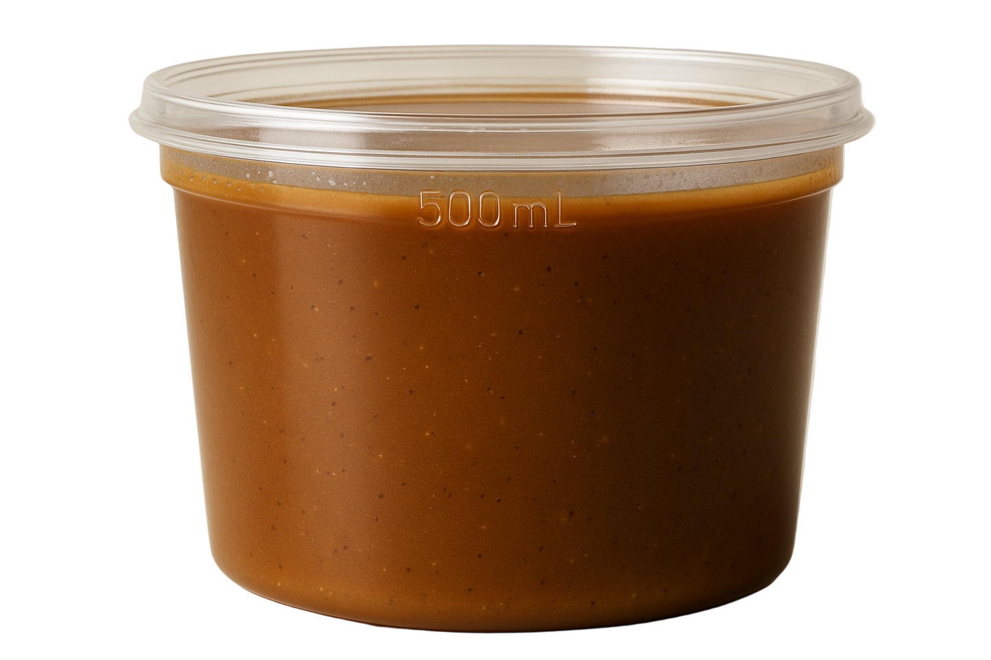 500 mL plastic transparent container frontal photo. the container is full of gravy. the camera is only 5 inches away from the container.