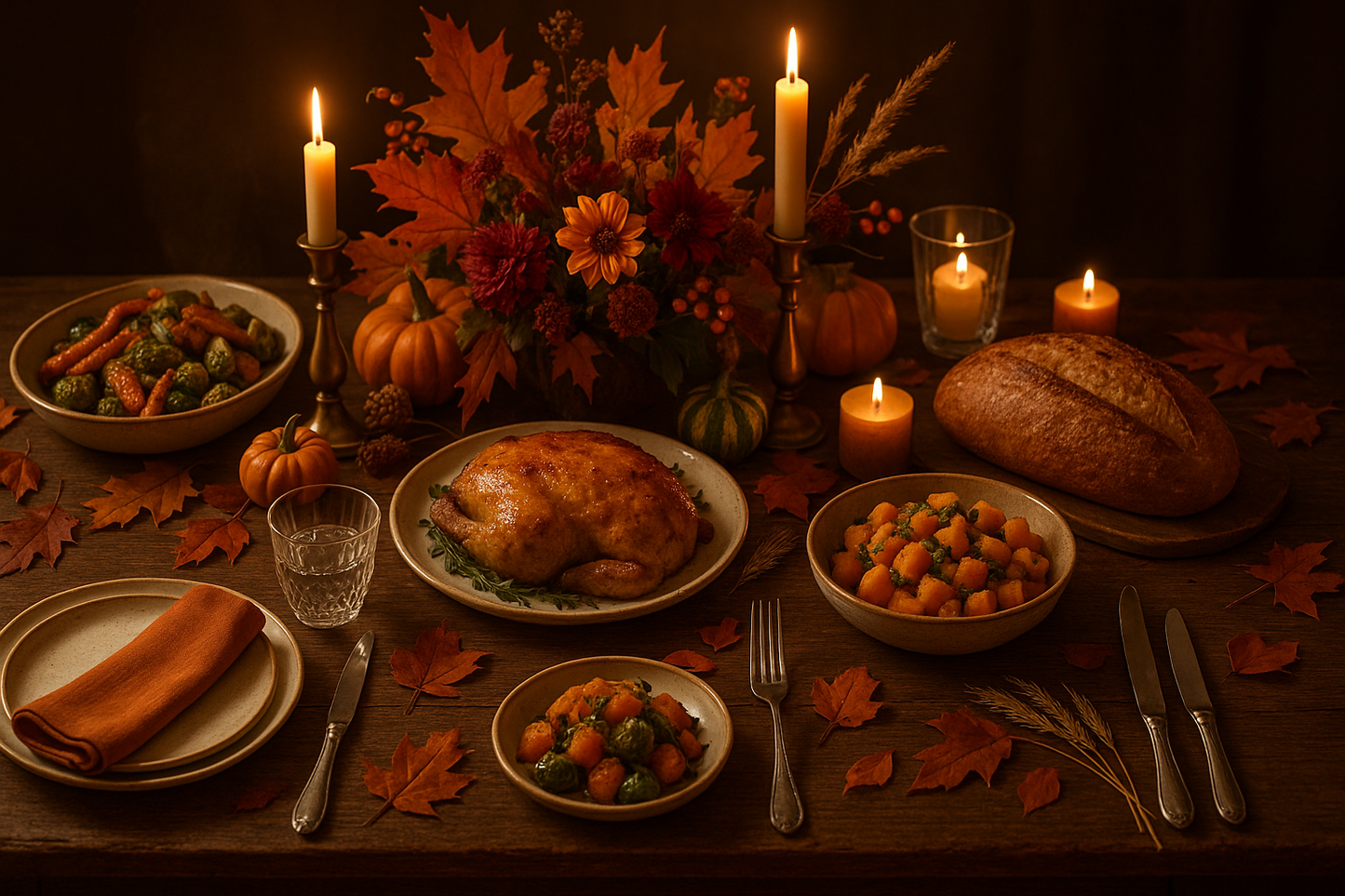 An image of a cozy yet extremely appetizing dinner table vibe that captures the beauty of the fall while incentivsing and encouraging customers to make a purchase. make sure there is no text at all whatsoever in the photo. no humans at all either.