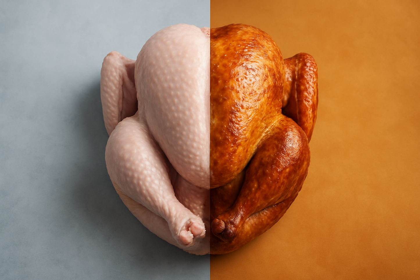 orient the two turkeys in a way that displays them as two half of the same whole. make the two backgrounds of each half different in colour yet nicely contrasting each other to highlight the transition from raw to cooked.