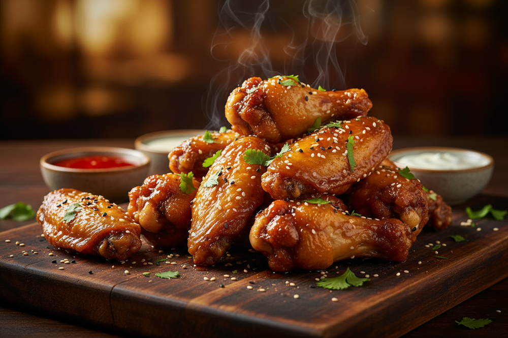 pretend you are the best marketing expert in the world: create an image featuring a product; chicken wings, that is highly appealing and will incentivise customers to make a purchase. Image must not have any text. Image must be optimized for online website landing page.