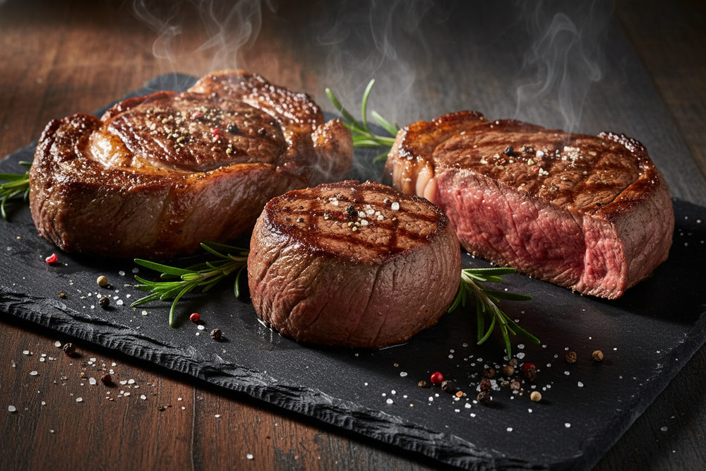 pretend you are the best marketing expert in the world. Create the most appetizing poster featuring beef steaks; mainly Ribeye, Filet Mignon, and New York Steaks. The poster must not have any text and must be optimized for a website landing page.