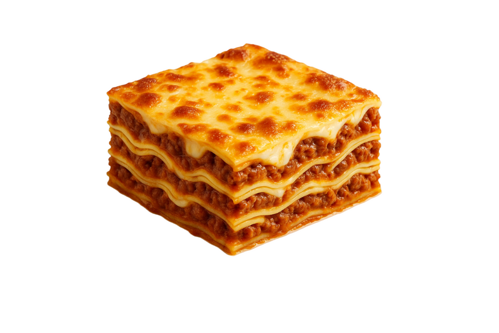 
                  
                    square slice of lasagna on a plain white plate with plain white background. make sure the lasagna looks appetizing as well as appealing.
                  
                